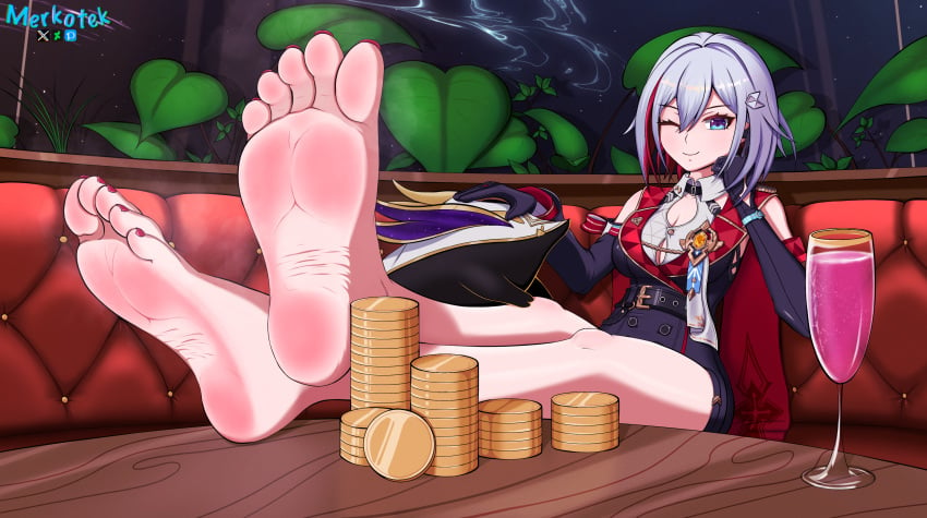 1girls absurdres blue_eyes couch cup drinking_glass feet feet_together foot_focus gem gold highres honkai:_star_rail honkai_(series) legs merkotek money nail_polish numby_(honkai:_star_rail) plant smile soles space toenail_polish toenails toes topaz_(honkai:_star_rail) trotter_(honkai:_star_rail) white_hair window