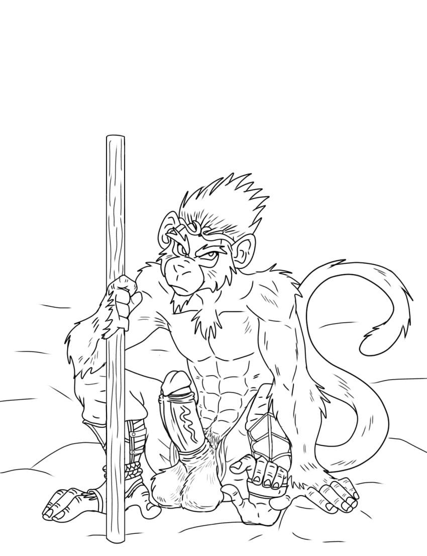 anthro anthro_monkey big_penis boner erection feet fluffy_balls fluffy_chest furry furry_male furry_only game male_only monkey monkey_boy monkey_king monochrome nude paws penis_out six_pack solo solo_male sun_wukong wip wukong