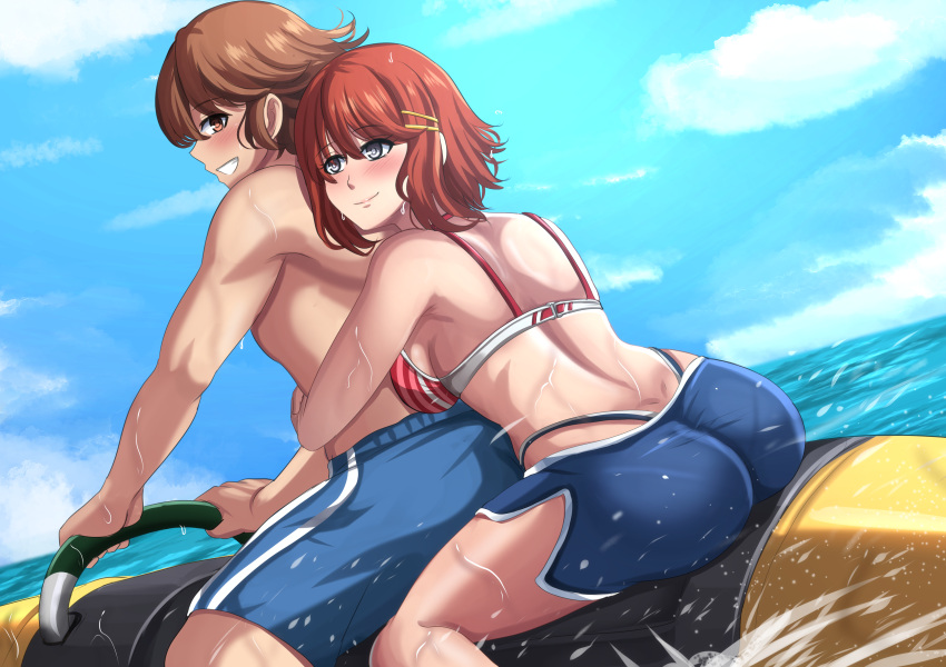 1boy 1girls ass banana_boat bikini blush boat brown_eyes brown_hair eiyuu_densetsu gray_eyes lloyd_bannings noel_seeker ocean orcaomega red_hair shorts smile swimming_trunks the_legend_of_heroes wet