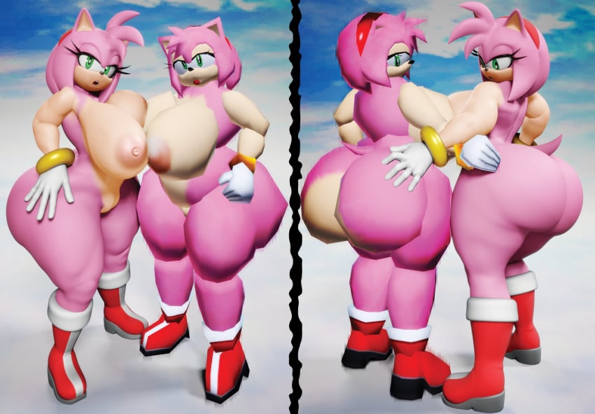 2females 2girls 3d 3d_(artwork) :o accurate_art_style amy_rose anthro ass beach big_ass big_breasts big_butt boots breasts clothing digital_media_(artwork) duo eulipotyphlan female female_only footwear gloves grabbing_ass green_eyes hedgehog hedgehog_girl hi_res huge_butt looking_down low_poly mammal massive_breasts mobian naked naked_female nipples nude open_mouth pink_fur polygon sega shoes so_retro sonic_(series) sonic_adventure sonic_the_hedgehog_(series) thick_thighs vulkyasha white_gloves