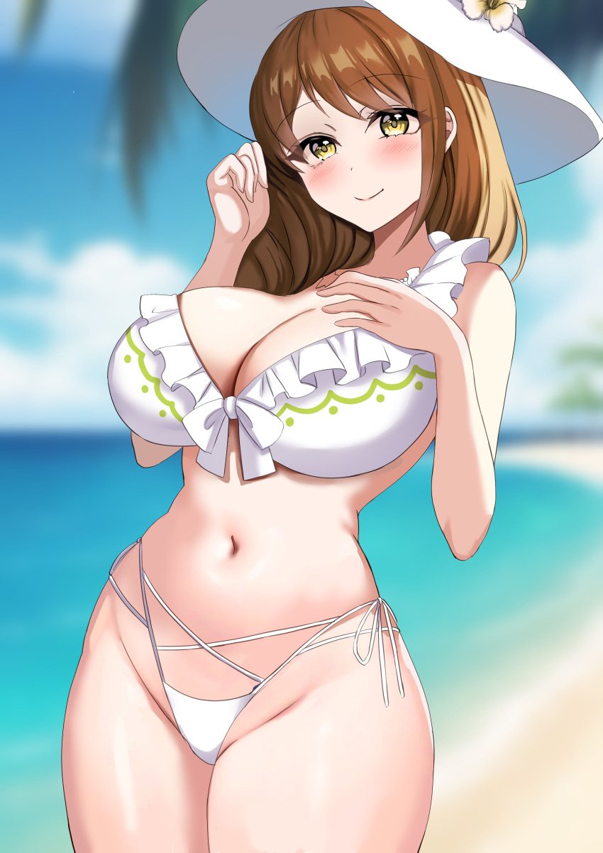 1girls alternate_costume bangs bare_arms bare_midriff bare_thighs beach bikini blush breasts brown_hair cleavage female female_only fire_emblem fire_emblem_engage fire_emblem_heroes goldmary_(fire_emblem) goldmary_(summer)_(fire_emblem) hand_on_own_chest hat hat_flower large_breasts looking_at_viewer midriff navel nintendo ocean official_alternate_costume outdoors palm_tree smile solo sun_hat swimsuit tara_(szzj7733) thick_thighs thighs tree white_bikini white_swimsuit yellow_eyes