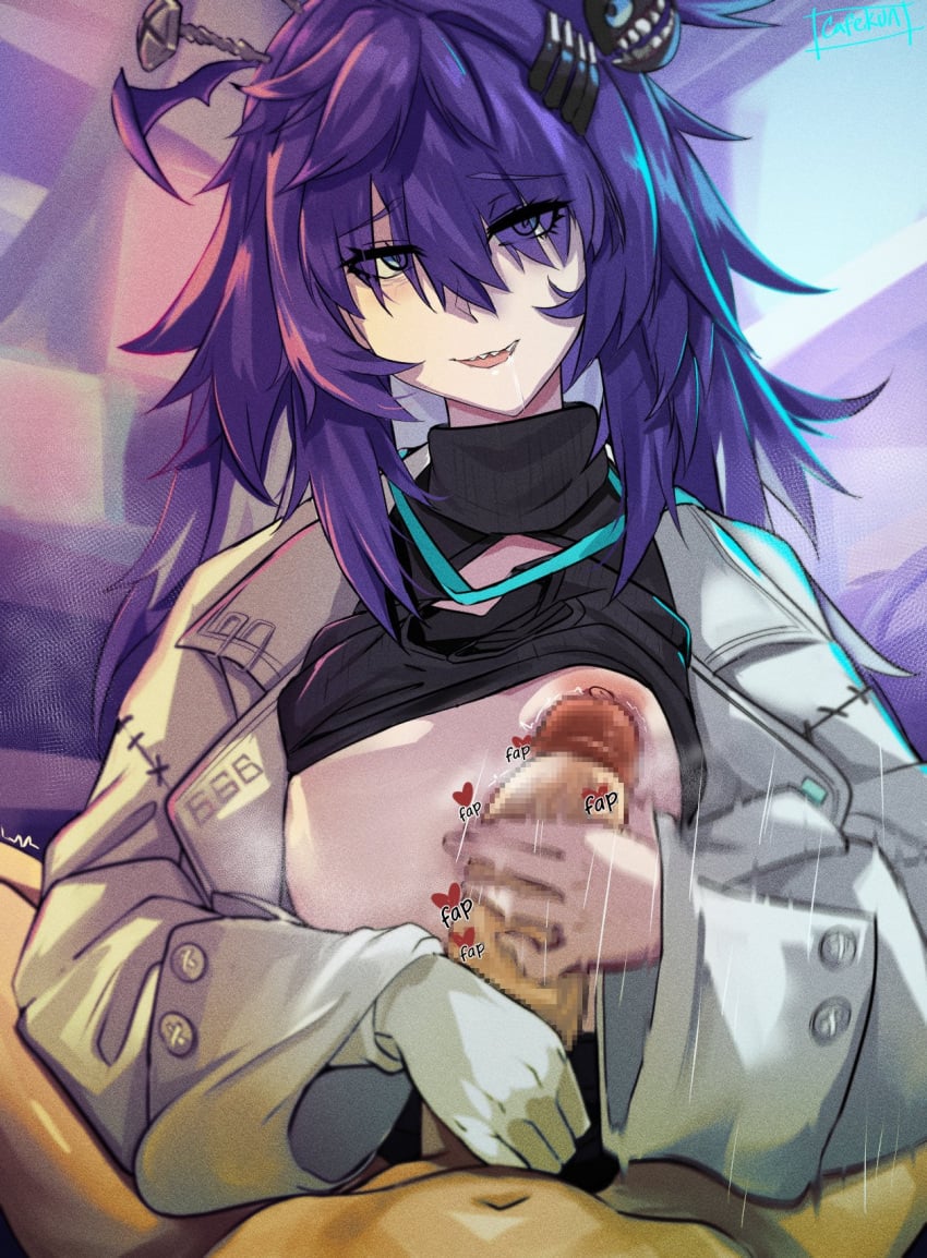 1boy 1girls areola breasts cafekun censored dr.nova(e) drooling handjob handjob_against_breast indoors light-skinned_female light-skinned_male light_skin looking_at_viewer lunalia male_pov mosaic_censoring nipple penis pov purple_eyes purple_hair small_breasts v4mirai virtual_youtuber