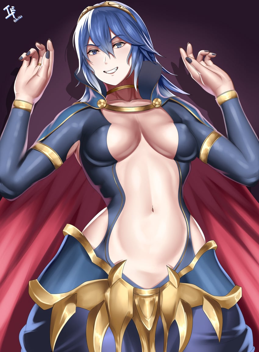 1girls alternate_costume arcedo bare_midriff black_nails blue_eyes blue_hair bodysuit brand_of_the_exalt breasts cape center_opening collar covered_nipples evil_grin evil_smile female female_only fire_emblem fire_emblem_awakening grin long_hair long_sleeves looking_at_viewer lucina_(fire_emblem) medium_breasts midriff nail_polish navel nintendo revealing_clothes ring side_slit smile solo symbol-shaped_pupils tiara