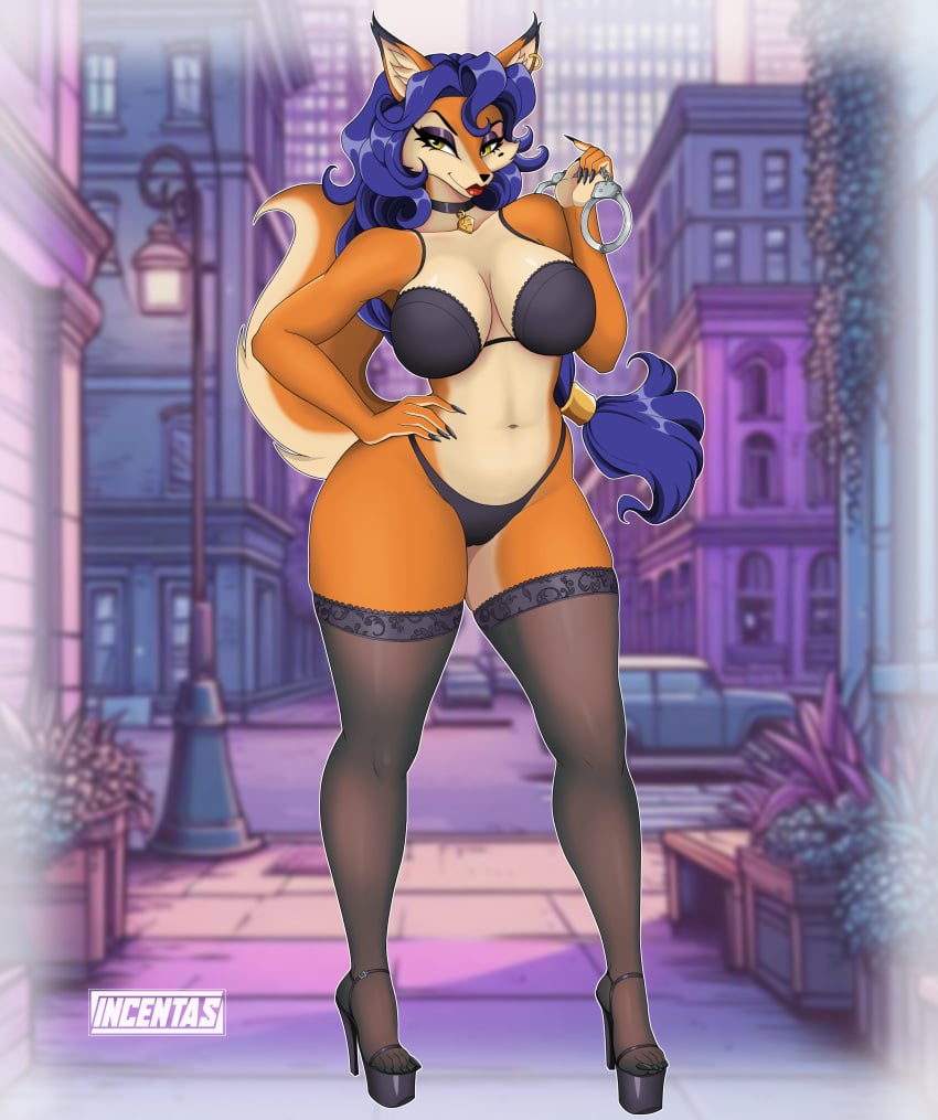 anthro areolae ass big_breasts big_butt carmelita_fox female fox handcuffs incentas lingerie sly_cooper_(series) sony_corporation thin_waist wide_hips