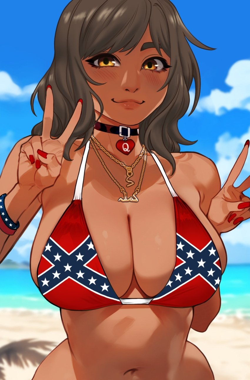 1girl 2d beach bikini blush bracelet brown_eyes brown_hair brown_skin brown_skinned_female child_bearing_hips choker collar confederate_flag confederate_flag_bikini dark-skinned_female dark_hair double_v female flag_bikini kamala_khan long_hair looking_at_viewer marvel marvel_comics medium_breasts ms._marvel ms._marvel_(kamala_khan) muslim_female nail_polish national_personification necklace pakistani pakistani_female peace_sign qoh queen_of_hearts raceplay red_nails smile smug_smile southeast_asian unknown_artist v_sign voluptuous wide_hips yellow_eyes