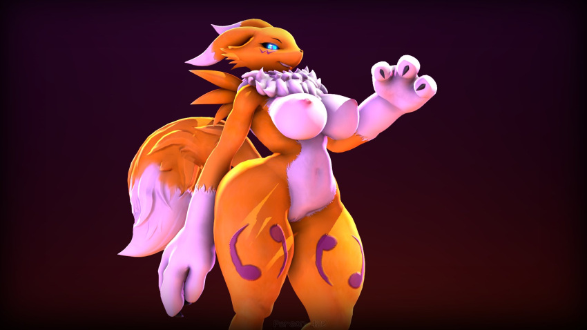 16:9 3d_(artwork) anthro areola bandai_namco big_breasts blue_eyes breasts digimon digimon_(species) digital_media_(artwork) female genitals hi_res nipples not_person420 nude pupils pussy renamon slit_pupils solo tail thick_thighs widescreen