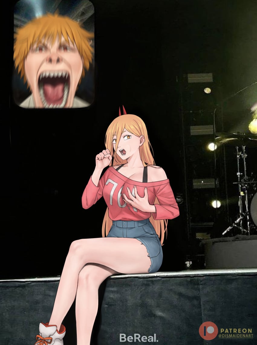 big_breasts blowjob_face chainsaw_man cleavage crossed_legs denji_(chainsaw_man) dismaiden fan_screaming_at_madison_beer_(meme) female female_focus grabbing_own_breast inviting_to_sex inviting_to_suck meme power_(chainsaw_man) thick_thighs