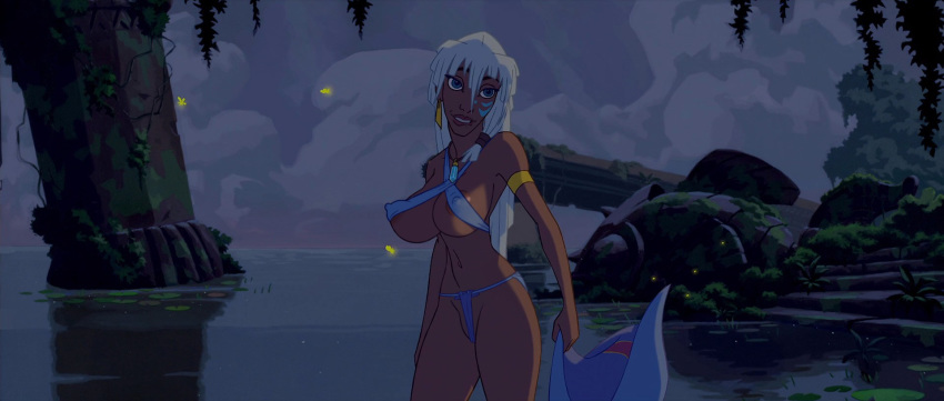 atlantis:_the_lost_empire blue_eyes breasts dark-skinned_female dark_skin disney earrings edit editfag female huge_breasts human kida large_breasts lipstick long_hair necklace nipples nude screencap screenshot screenshot_edit smile tagme thong water white_hair