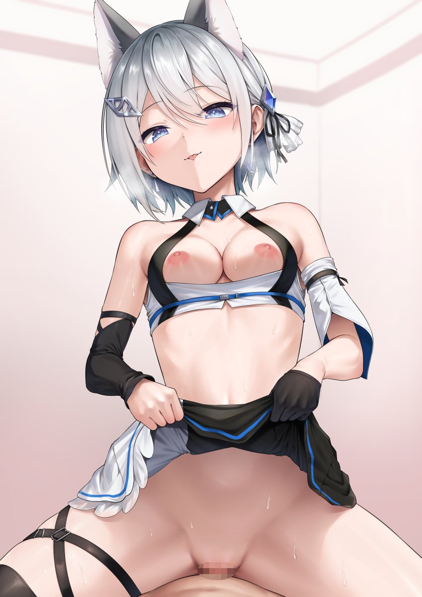 1boy absurdres animal_ears bare_shoulders black_gloves black_ribbon blue_eyes blush breasts cat_ears censored closed_mouth commission cowgirl_position extra_ears female gloves grey_hair hair_between_eyes hair_ribbon half_gloves henria highres indie_virtual_youtuber inuzuki_ren lifting_own_clothes looking_at_viewer medium_breasts mosaic_censoring nipples pussy ribbon single_glove single_half_glove skeb_commission smile solo_focus straddling thigh_strap tongue tongue_out virtual_youtuber