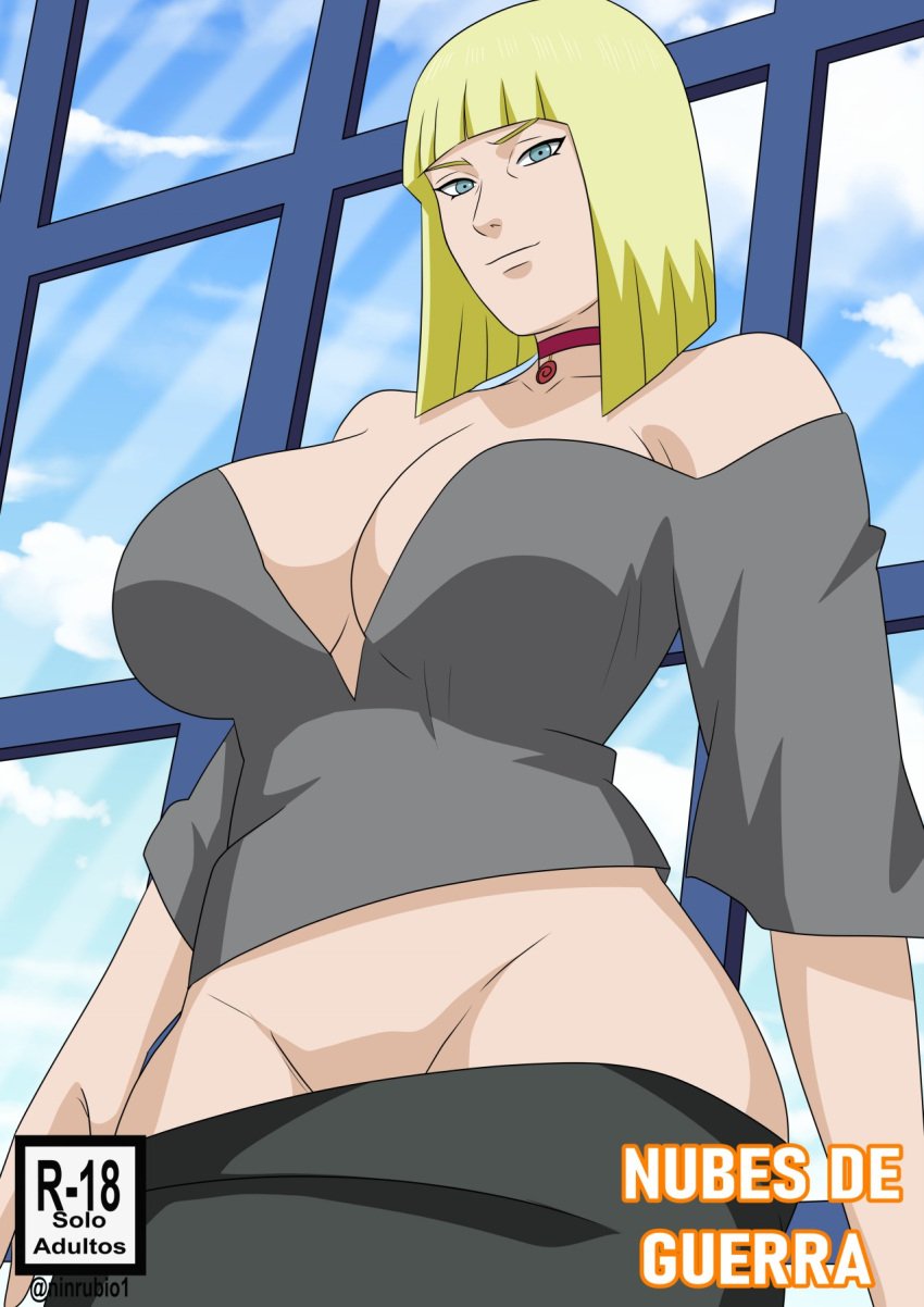 1girls against_glass against_wall against_window big_breasts blonde_hair blue_eyes blunt_bangs bob_cut boruto:_naruto_next_generations breasts choker collar comic cover dress highres hourglass_figure huge_breasts large_breasts light-skinned_female light_skin looking_at_viewer midriff milf naruto naruto_(series) naruto_shippuden naughty_face ninrubio no_panties pendant pinup revealing_clothes samui shirt short_hair skirt smile solo spanish_text teasing teasing_viewer text uncensored undressing uzumaki_symbol voluptuous voluptuous_female wide_hips window