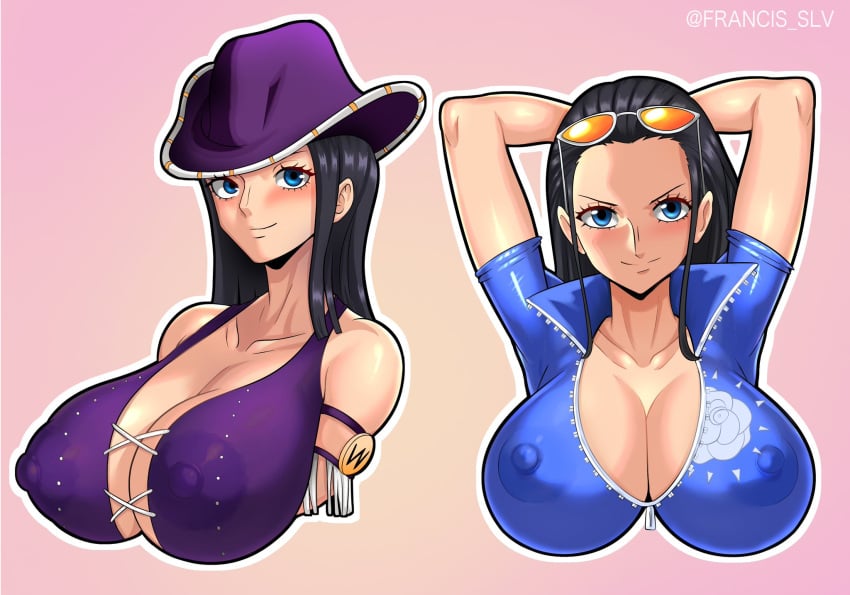 big_breasts breasts_visible_through_clothing clothed_female female female_only francis_slv miss_all_sunday nico_robin one_piece post-timeskip pre-timeskip see-through_clothing sideboob smiling_at_viewer tagme time_paradox