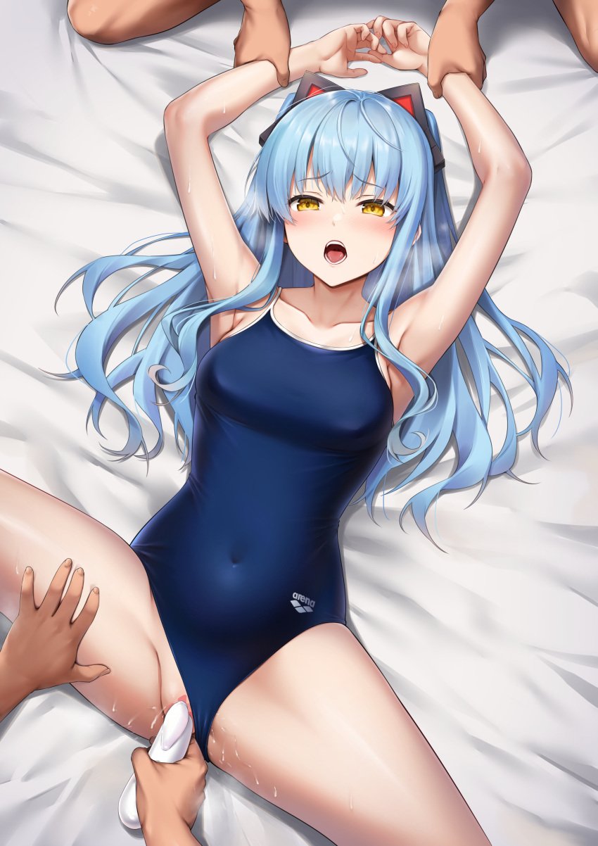 2boys absurdres animal_ears ao_no_kiseki armpits arms_up blue_hair blue_one-piece_swimsuit blush breasts censored clothing_aside commission competition_school_swimsuit eiyuu_densetsu fake_animal_ears female henria highres long_hair lying medium_breasts mosaic_censoring multiple_boys object_insertion on_back one-piece_swimsuit open_mouth pussy pussy_juice restrained school_swimsuit skeb_commission spread_legs straight swimsuit swimsuit_aside teeth tio_plato upper_teeth_only vaginal_object_insertion vaginal_penetration yellow_eyes zero_no_kiseki