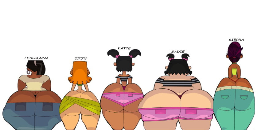 5girls ass_comparison ass_focus big_ass bottom_heavy huge_ass izzy_(tdi) katie_(tdi) large_ass leshawna_(tdi) nini_mihy pink_shorts sadie_(tdi) shorts sierra_(tdi) thick_thighs total_drama_island wide_hips