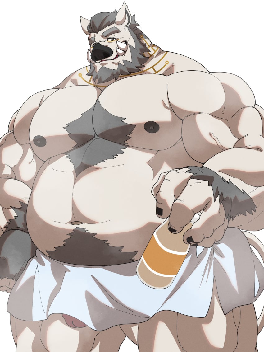 1boy absurdres animal_ears bara bare_pectorals beard biceps black_nails boar body_markings bottle chest_hair facial_hair fat fat_man furry furry_male grey_eyebrows grey_eyes grey_hair hand_hair highres holding holding_bottle large_pectorals male male_only milk milk_bottle multi_tusk muscular muscular_male negitsururu nipples open_mouth pectorals penis pig_ears pig_snout pubic_hair short_hair smirk snout solo tail thick_eyebrows thick_thighs thighs tokyo_afterschool_summoners towel tusks veins white_fur y'golonac_(housamo)