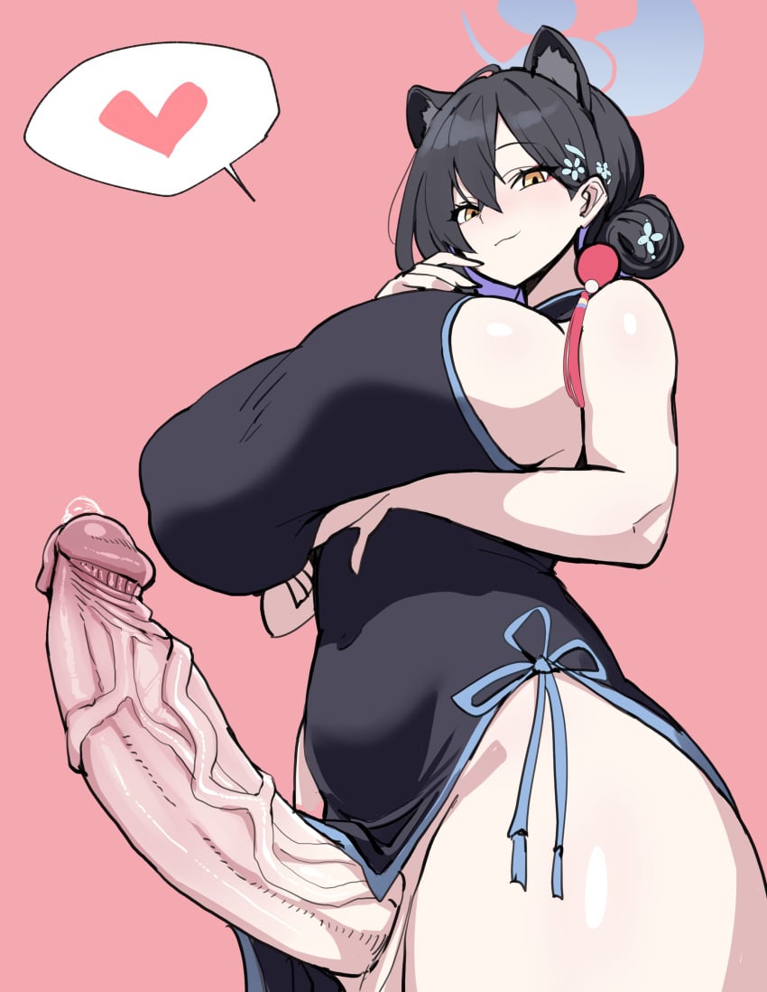 1futa absurdres animal_ears arm_under_breasts balls big_breasts black_dress black_hair blue_archive blue_halo bottomless breasts china_dress chinese_clothes closed_mouth clothed clothing dress erection futa_only futanari hair_between_eyes hair_bun halo heart highres huge_breasts huge_cock kaguya_(blue) kaguya_(blue_archive) light-skinned_futanari light_skin looking_at_viewer mostly_clothed penis pink_background precum sideboob simple_background sleeveless sleeveless_dress smile solo spoken_heart standing thick_thighs uncensored veins veiny_penis xipa yellow_eyes