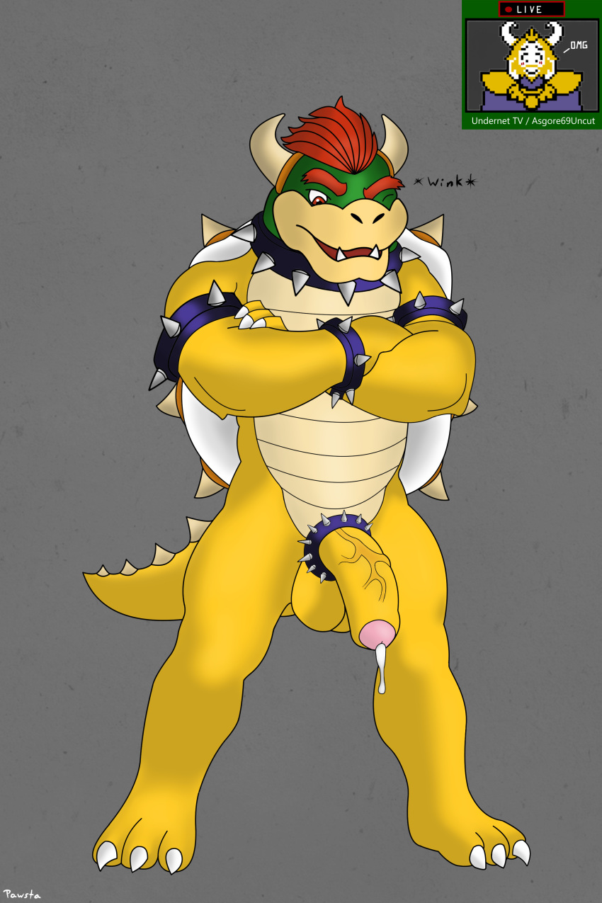 1boy absurd_res accessory anthro asgore_dreemurr bodily_fluids bowser cock_ring cum duo foreskin genital_fluids genitals hair hi_res jewelry king_koopa koopa male male/male male_only mario_(series) nintendo pawsta penis penis_accessory penis_jewelry reactor red_eyes red_hair scalie shell spikes undertale undertale_(series)