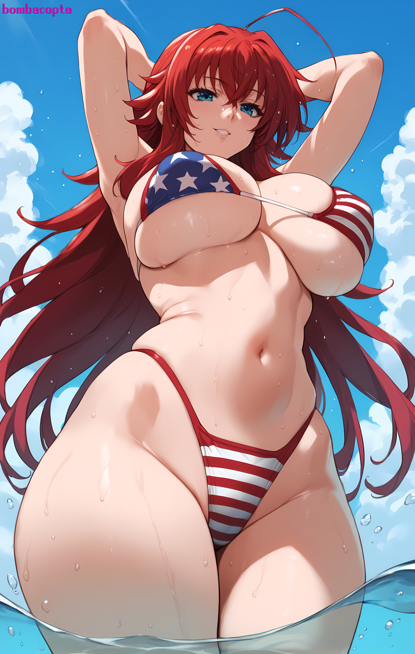 1girls ahoge ai_generated american_flag_bikini big_breasts bikini bikini_bottom bikini_top blue_eyes bombacopta breasts breasts_bigger_than_head cleavage curvy female female_focus female_only hands_behind_head high_school_dxd highres hourglass_figure huge_breasts long_hair mature_female midriff navel posing red_hair rias_gremory seductive simple_background slim_waist solo standing_in_water sweat thick_hips thick_thighs underboob viewed_from_below water wet wide_hips