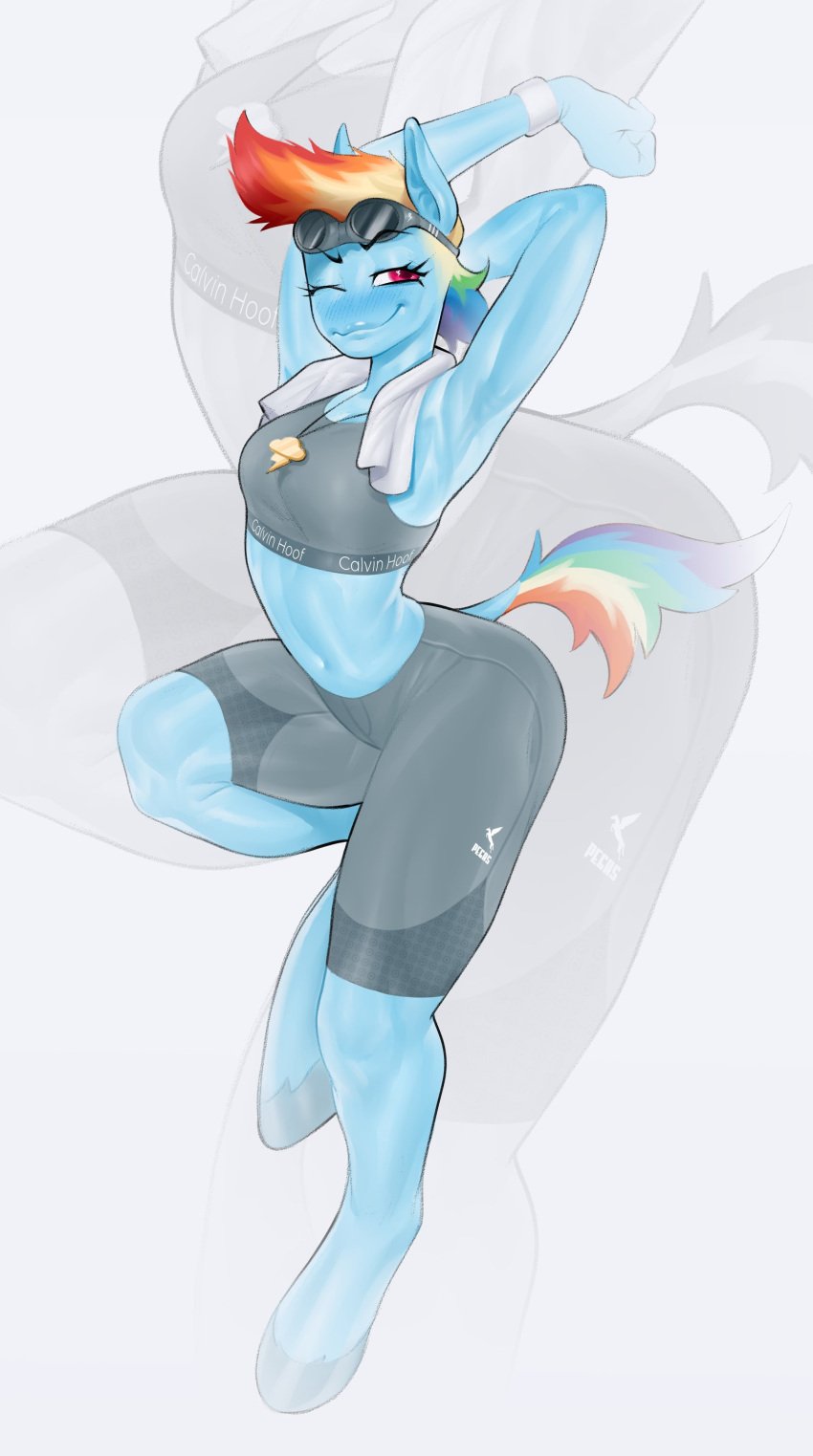 1girls 2024 2d 2d_(artwork) 2d_artwork blue_body blush friendship_is_magic gray_shorts jpeg jpg mr_fuga my_little_pony rainbow_dash_(mlp) rainbow_hair short_hair sports_bra tail wine_colored_eyes