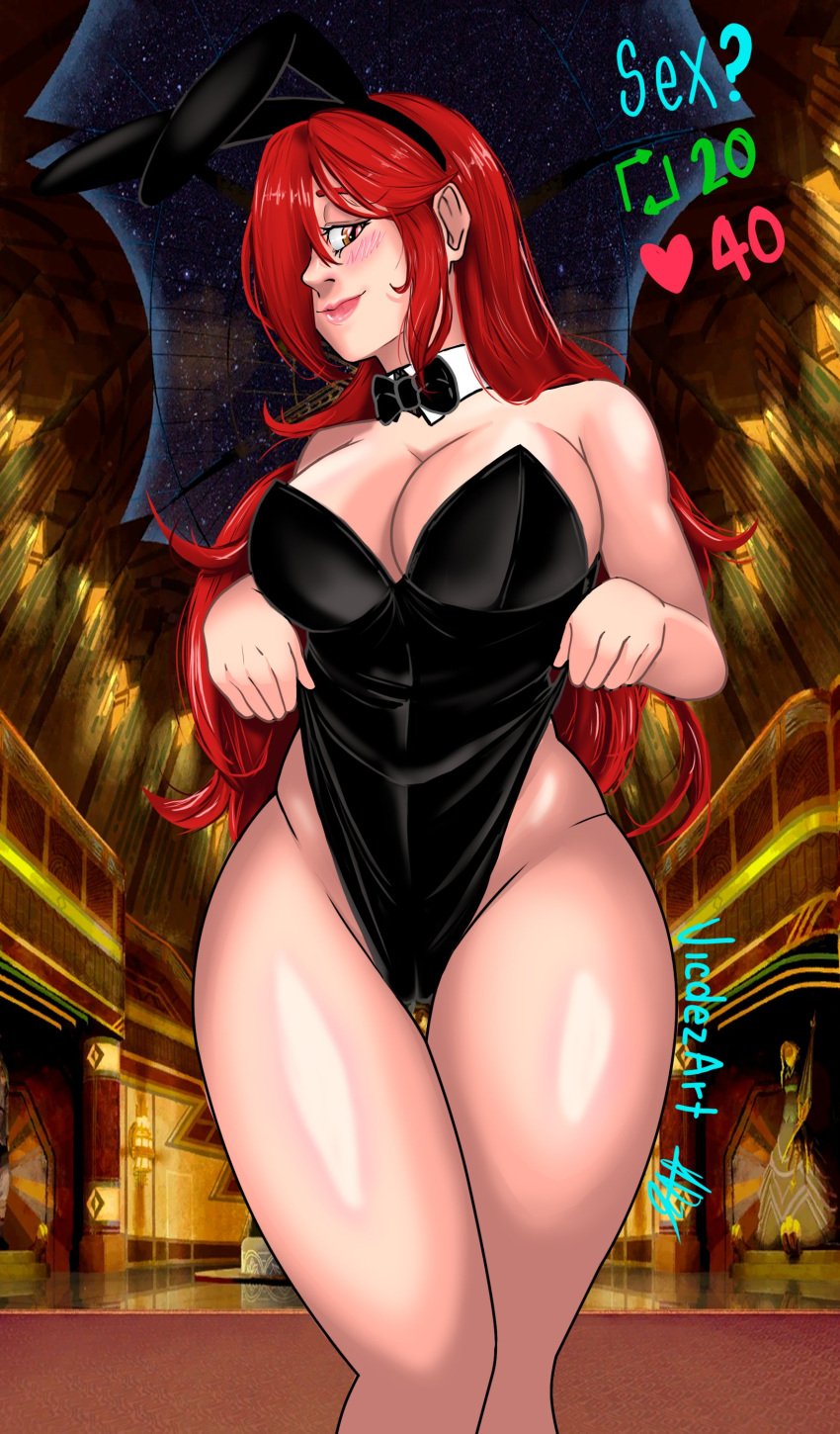 1girls big_breasts blush bunny_ears bunnysuit female parasoul skullgirls thick_thighs vicdezart