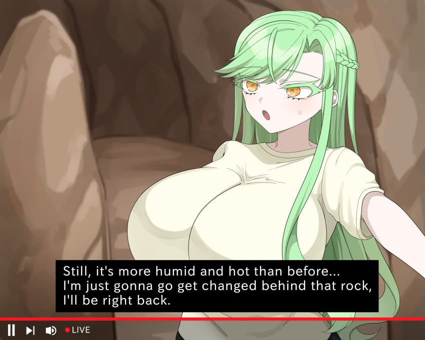 1girls big_breasts breasts busty curvaceous curvy curvy_body curvy_female curvy_figure english english_text female green_hair huge_breasts large_breasts merode original original_character text voluptuous yopp_u youtube