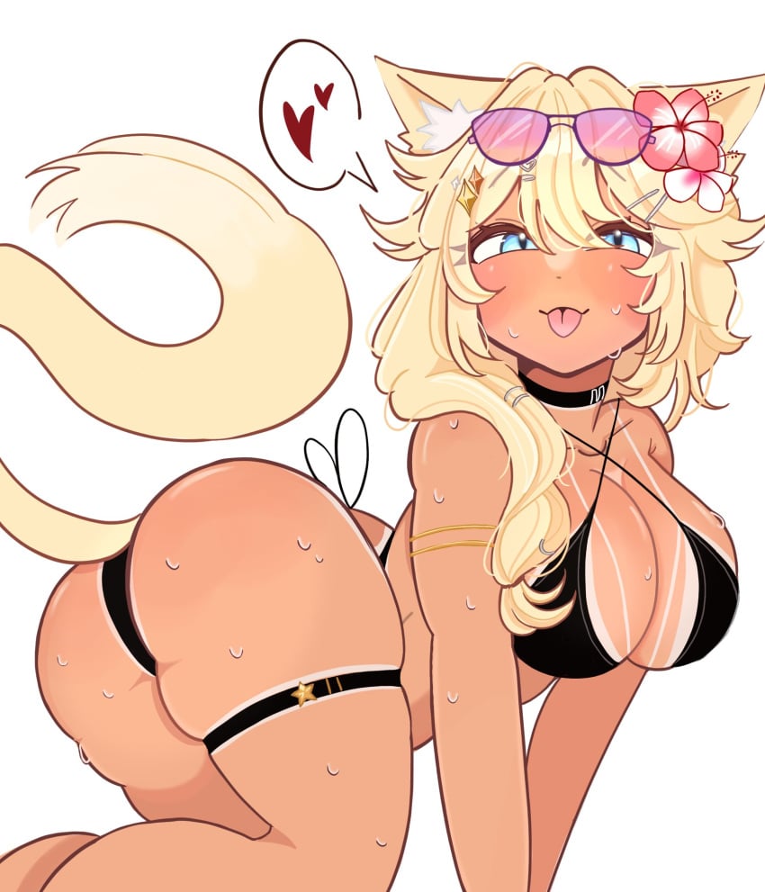 1girls animal_ears bikini blonde_hair blush breasts cat_ears cat_tail cleavage female female_only flowers_in_hair huge_breasts kaneko_lumi maya_(mayaowo) phase_connect phase_invaders solo spoken_hearts sunglasses sunglasses_on_head swimsuit tail tan-skinned_female tan_skin tanline tongue tongue_out virtual_youtuber