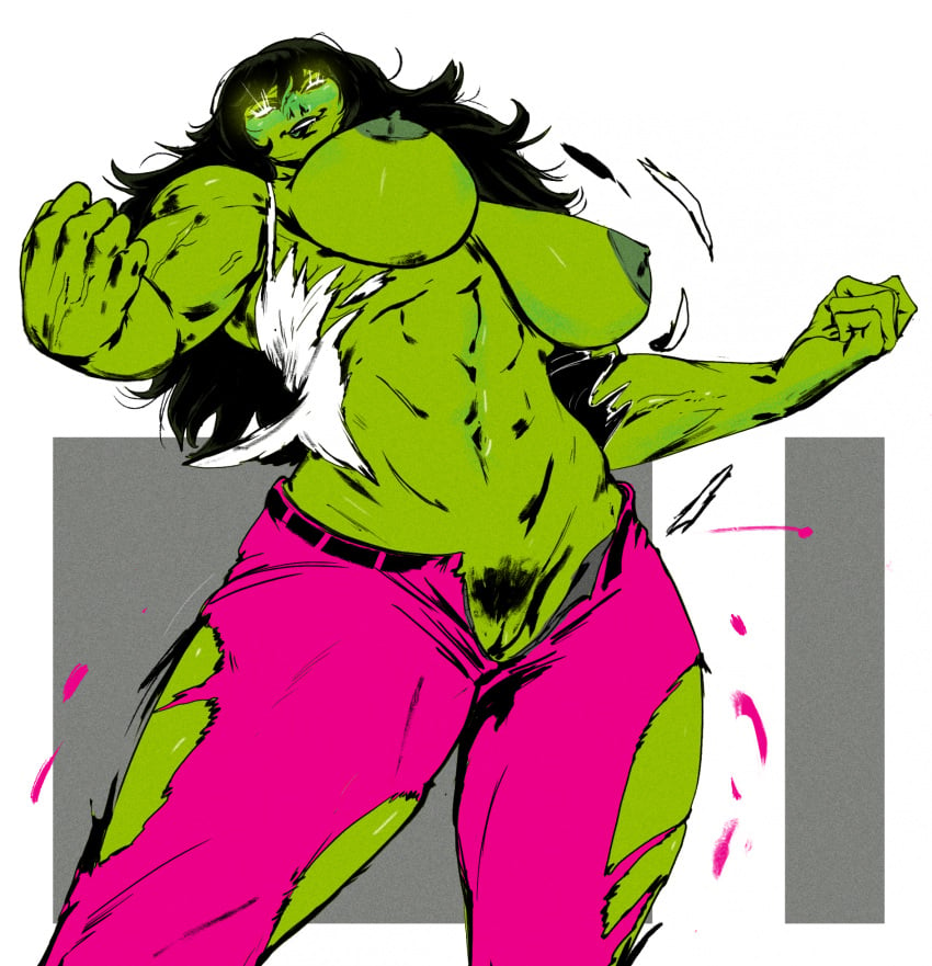 1girls breasts female green_skin marvel marvel_comics muscular muscular_female nipples pubic_hair pussy redfred she-hulk solo torn_clothes wardrobe_malfunction