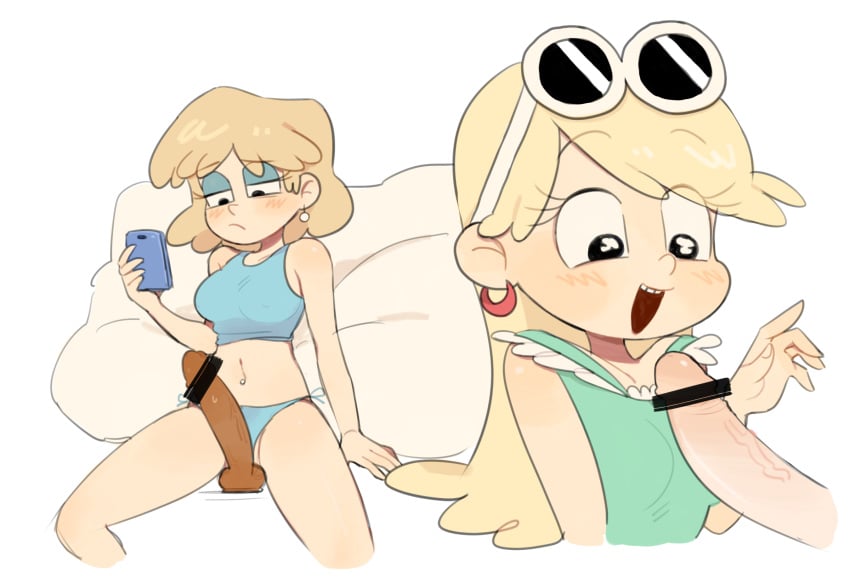 2girls disembodied_penis eden_(artist) happy leni_loud lori_loud panties partial_male phone the_loud_house