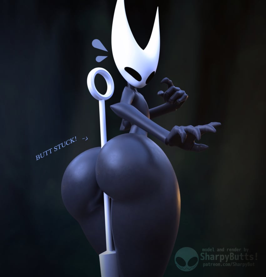 ass ass_cleavage ass_focus big_butt big_thighs black_body black_eyes black_skin butt_crack butt_focus confused confused_look hollow_knight hornet_(hollow_knight) horns insect_girl insectoid object_between_ass object_between_cheeks object_in_ass posing posing_for_picture posing_for_the_viewer posing_nude posing_with_weapon sharpybutts showing_ass showing_off showing_off_ass sword