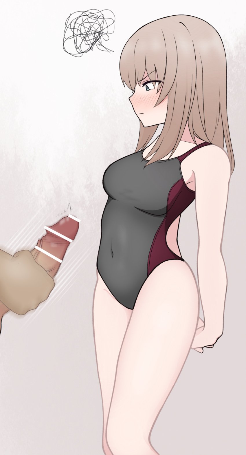 1boy arararajru36 blue_eyes blush breasts brown_hair censored female female_focus girls_und_panzer itsumi_erika large_breasts looking_at_penis male_masturbation masturbation one-piece_swimsuit penis swimsuit