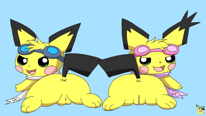 16:9 anus artist_logo ass backsack balls blue_background duo eyewear eyewear_on_head female feral fur generation_2_pokemon genitals goggles goggles_on_head green_eyes hi_res logo looking_at_viewer looking_back looking_back_at_viewer lying male nintendo on_front pichu pichu90 pink_scarf pokemon pokemon_(species) pussy scarf simple_background sparkette_pichu sparks_pichu take_your_pick white_scarf widescreen x_anus yellow_body yellow_fur