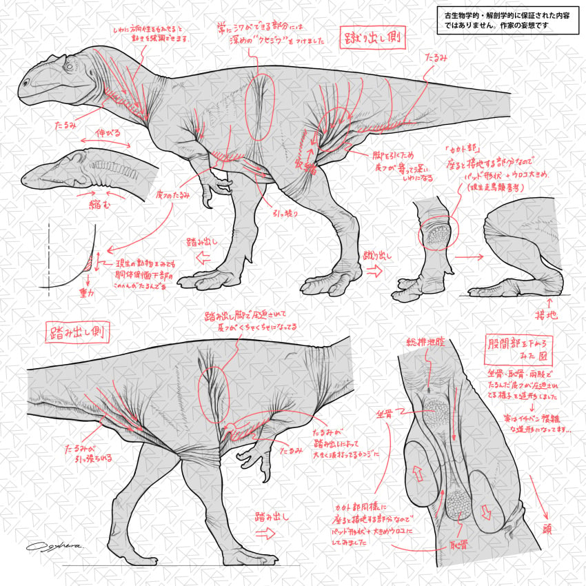 absurd_res allosaurid allosaurus ambiguous_gender anatomy_chart anatomy_reference animal_genitalia chart claws cloaca dinosaur directional_arrow earhole feral genitals head_crest hi_res japanese_text monochrome ogyhara pattern_background prehistoric_species pubic_boot reptile scales scalie simple_background sitting solo standing text theropod walking wrinkles