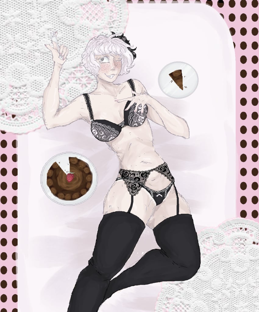 1girls appetite_of_a_people_pleaser belly black_eyes blush bra breasts cake cakey_(ghost_and_pals) female food fork garter_belt ghost_and_pals lingerie lying medium_breasts ms_paint mv_character pale_skin panties pin_up seductive short_hair short_hair_female smile solo solo_female stockings thick_thighs thighhighs v_flower vocaloid white_hair