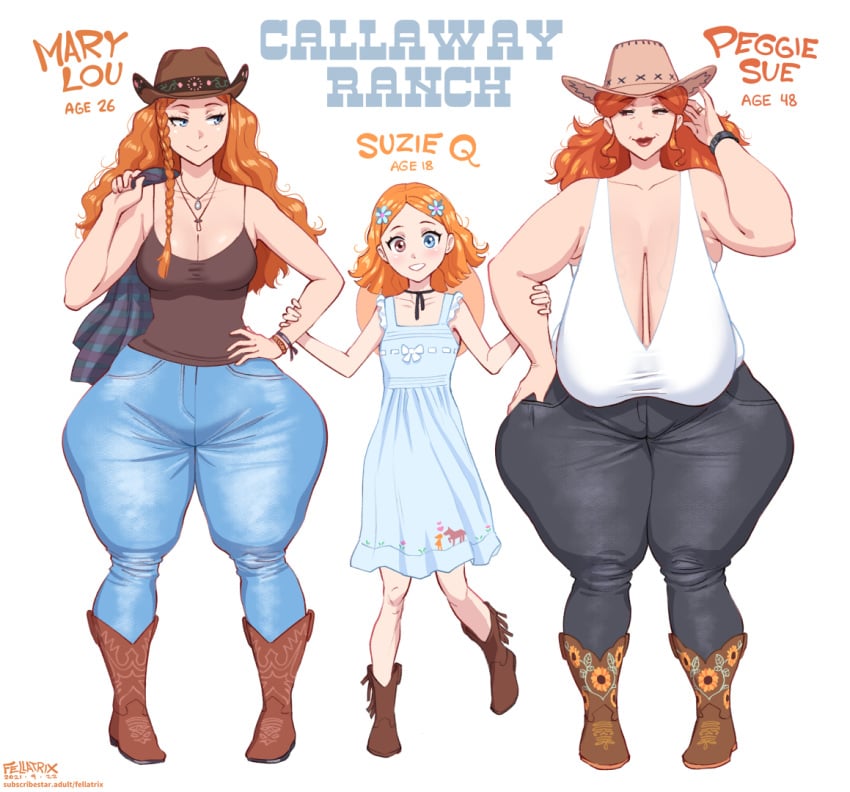 3girls age_difference big_ass big_breasts black_jeans blue_jeans character_sheet child_bearing_hips chubby chubby_female cleavage cowboy_boots cowboy_hat curvaceous curvaceous_body curvaceous_female curvy curvy_female daughter family fat_mons fat_thighs fellatrix flat_chest front_braid ginger ginger_hair heterochromia jeans light-skinned_female long_breasts mary_lou_(fellatrix) medium_breasts milf mother mother_and_child mother_and_daughter peggie_sue_(fellatrix) petite_body petite_female plump red_hair red_head sagging_breasts short_female sisters small_breasts sundress suzie_q_(fellatrix) taller_girl tank_top thin_waist venus_body voluptuous voluptuous_female wide_hips