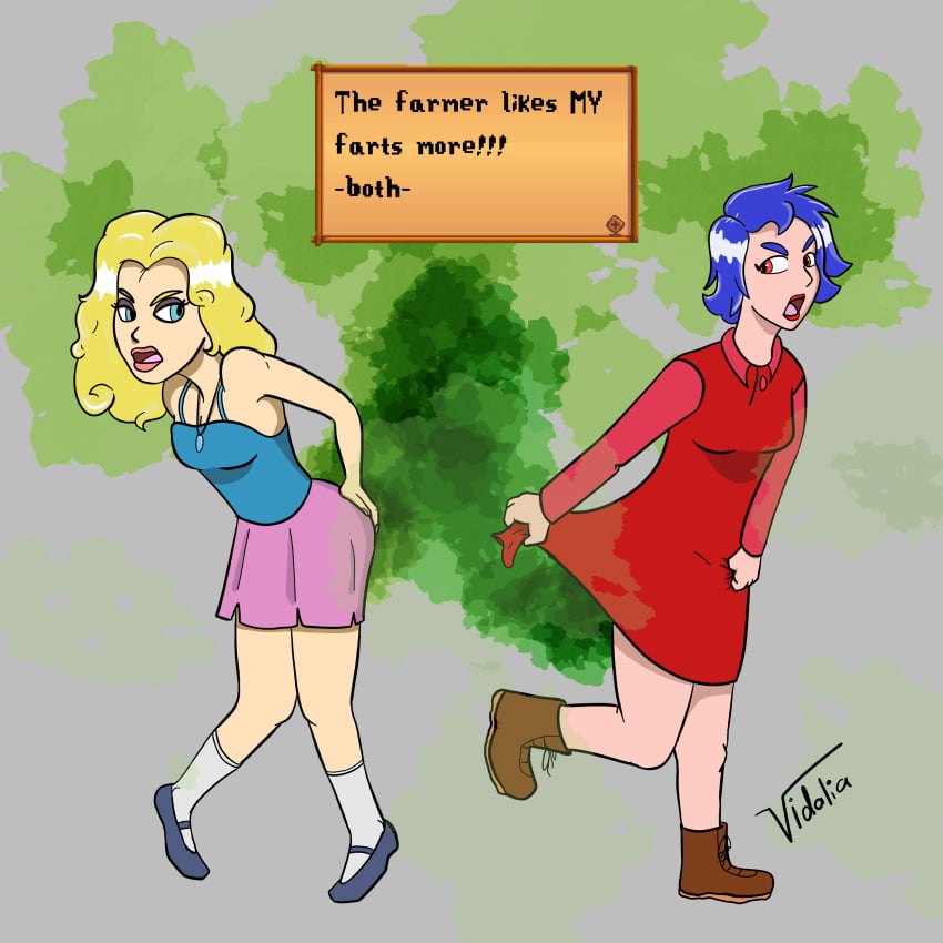 2girls arguing ass ass_focus blonde_hair blue_hair blush blush competition emily_(stardew_valley) fart fart_cloud fart_fetish farting fighting haley_(stardew_valley) jealous one_leg_raised sisters stardew_valley