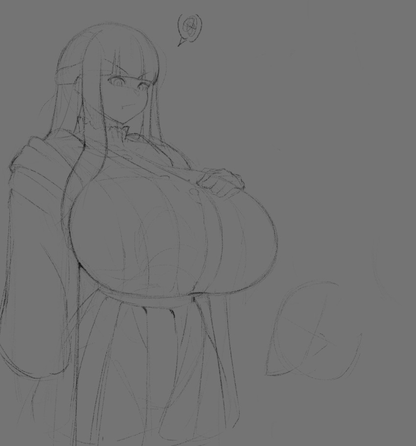 angry angry_face annoyed big_breasts breasts_bigger_than_head expressions fern_(sousou_no_frieren) ginormous_breasts huge_breasts outline plepur307 sketch skinny_waist sousou_no_frieren touching_breast white_background