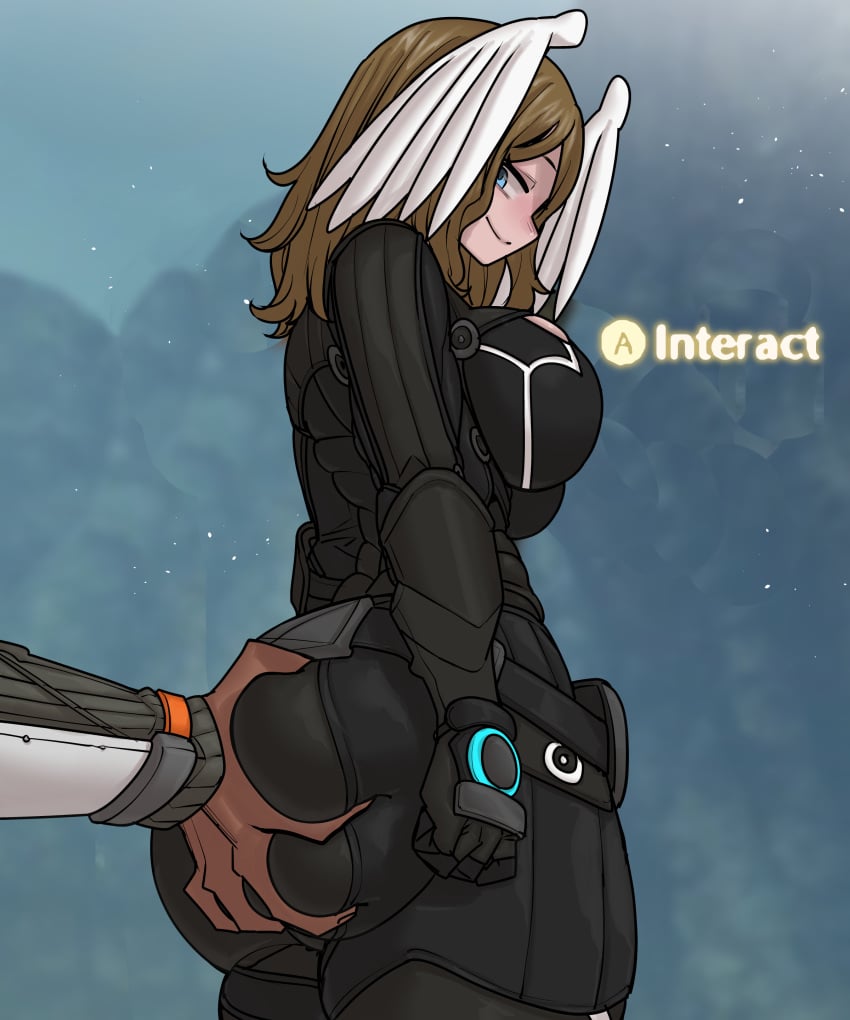 ass ass_focus ass_grab big_breasts blue_eyes boobs_and_butt_pose breasts brown_hair cleavage eunie_(xenoblade) gameplay_mechanics head_wings shosho_oekaki tagme taion_(xenoblade) uniform white_wings wings wings_on_head xenoblade_(series) xenoblade_chronicles_3