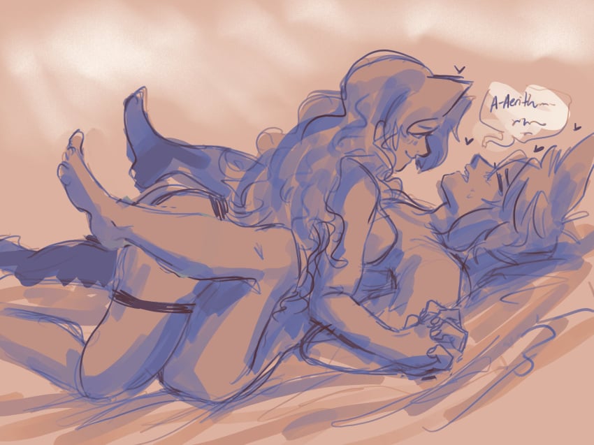 1boy 1boy1girl 1girls aerith_gainsborough anal bed bed_sheet between_legs blush breasts closed_eyes cloud_strife colored_sketch completely_nude curly_hair dialogue dildo english_text female_penetrating female_penetrating_male final_fantasy final_fantasy_vii gradient_background happy_sex heart highres holding_hands horneness implied_anal implied_penetration kneeling kneesocks legs_up lighting long_hair looking_at_partner looking_pleasured lying lying_on_back lying_on_bed male_penetrated missionary_position monochrome orange_background pegging romantic romantic_couple sideboob sketch slight_blush smile speech_bubble spiky_hair spread_legs straight strap-on sweatdrop toned toned_male wholesome