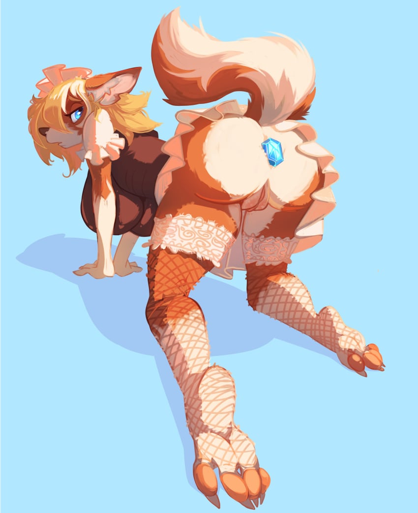 2024 4_toes absurd_res all_fours anthro ass big_breasts biped blonde_eyebrows blonde_hair blue_background blue_eyes borzoi breasts brown_body brown_ears brown_fur brown_nose brown_tail butt_focus buttplug canid canine canis claws clothing digital_drawing_(artwork) digital_media_(artwork) domestic_dog eyebrows eyelashes feet female fingers fishnet_clothing fishnet_legwear fishnet_thigh_highs fluffy fluffy_tail fur genitals gloves_(marking) hair half-closed_eyes hi_res humanoid_genitalia humanoid_pussy hunting_dog inner_ear_fluff leg_markings legwear light lighting looking_at_viewer looking_back maid_uniform mammal markings multicolored_body multicolored_fur narrowed_eyes pink_pussy plug_(sex_toy) pussy rear_view sex_toy shaded shadow sighthound silent_rain simple_background socks_(marking) solo tail thigh_highs toe_claws toes tuft two_tone_body two_tone_fur two_tone_tail uniform valeronich white_body white_fur white_inner_ear_fluff white_tail