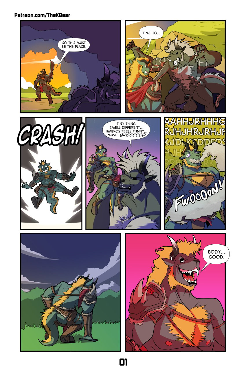 absurd_res animal_genitalia anthro balls behemoth_(final_fantasy) body_hair cave chest_hair clothing comic dialogue english_text final_fantasy fully_sheathed genitals hi_res holding_object holding_weapon humanoid_genitalia humanoid_penis hybrid_genitalia hybrid_penis knight male male/male male_anthro melee_weapon nipples penis penis_sniffing possession sheath sheathed_humanoid_penis size_difference sniffing sniffing_clothes square_enix sword text thekinkybear underwear underwear_sniffing url warrior weapon