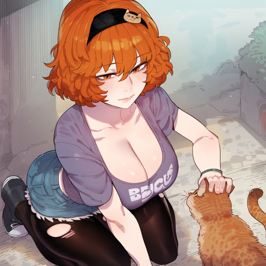 ai_generated bags_under_eyes blush breasts breasts_out cleavage orange_hair orginal_character original original_character red_hair