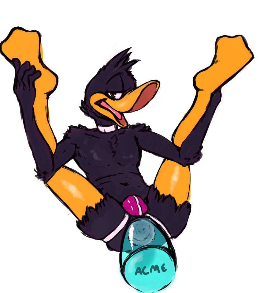 2015 absurd_res anal anal_sex anthro anus avian beak bird black_feathers bulge clothing daffy_duck dovne duck feathers gaping gaping_anus hi_res holding_leg jockstrap legs_up looking_at_viewer looney_tunes male male_only open_mouth penetration simple_background soft_feathers solo spread_legs spreading tongue toy translucent underwear warner_brothers white_background