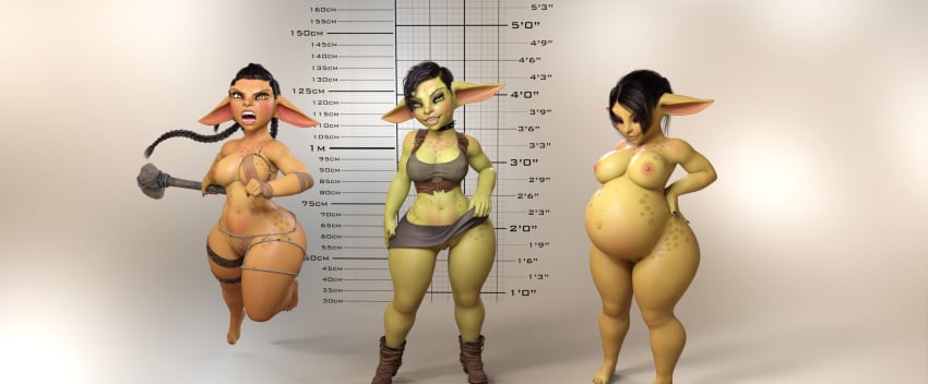 3d belly bestiary big_belly black_hair breasts female goblin goblin_female green-skinned_female green_skin icarusillustrations long_ears nipples pointy_ears pregnant shortstack