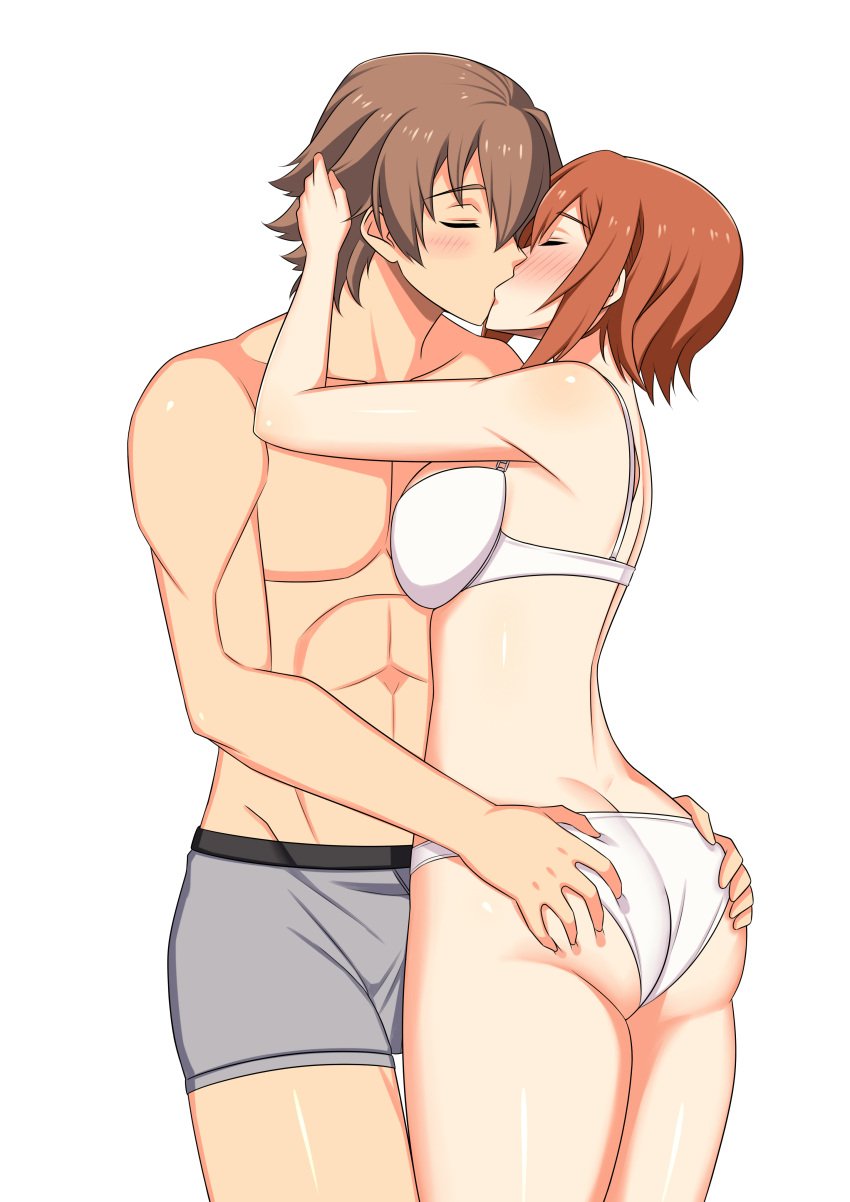 1boy 1girls ass ass_grab blush breasts brown_hair closed_eyes couple eiyuu_densetsu french_kiss hand_behind_head hands_on_ass kissing lloyd_bannings noel_seeker red_hair romantic straight the_legend_of_heroes underwear white_bra white_panties zedxxx