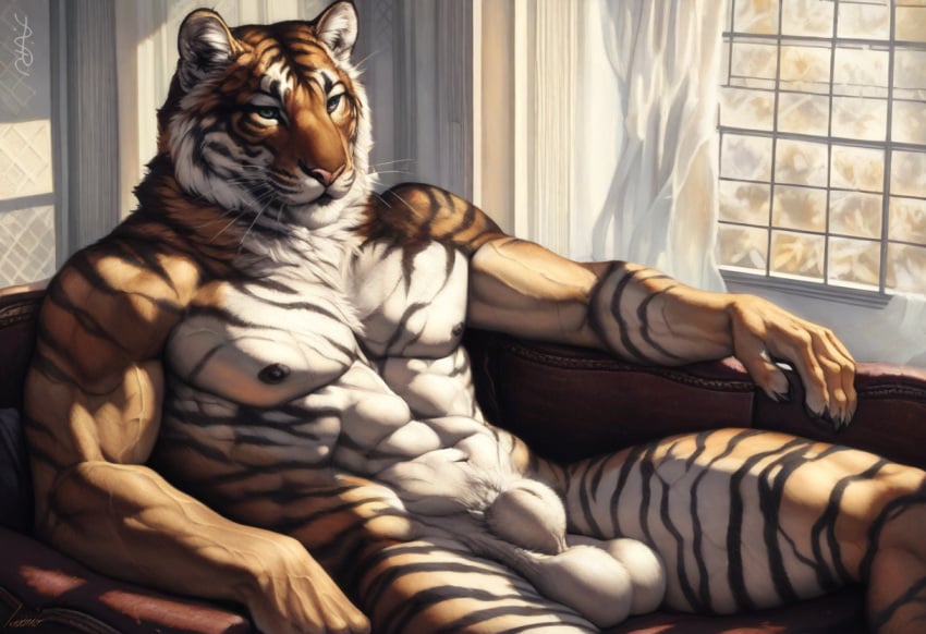 1boy 2020s 2024 abs ai_generated anatomically_correct animal_genitalia anthro athletic athletic_male avaru biceps black_nipples felid feline feline_humanoid fur furry genitals humanoid leaning_back lounging male male_focus male_only mammal multicolored_body multicolored_fur muscular muscular_male navel nipples nude nude_male pink_nose seductive sheath sitting solo solo_anthro solo_male striped_body striped_fur stripes tagme tiger tiger_stripes tuft whiskers white_body white_fur window window_light