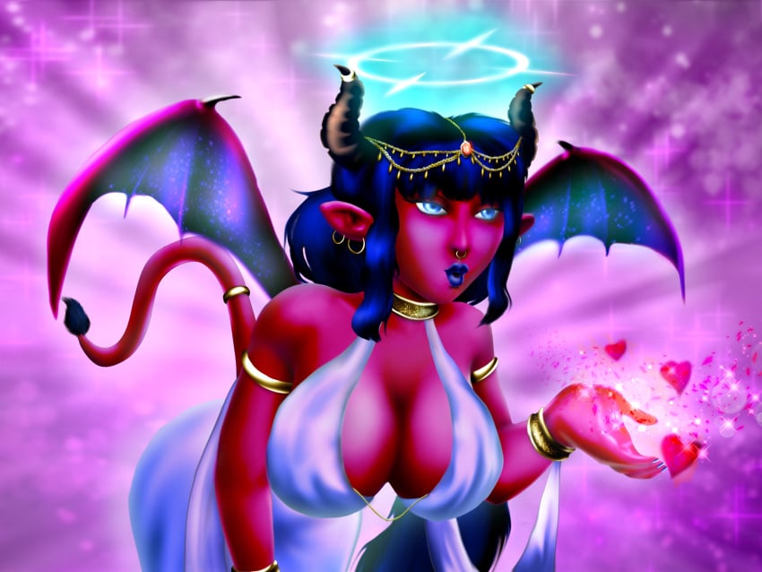 angel ass black_hair blowing_kiss blue_eyes cleavage demon demon_girl glowing_eyes horns jewelry large_breasts long_hair magic moonlander095 pink_body pink_skin seductive wide_hips