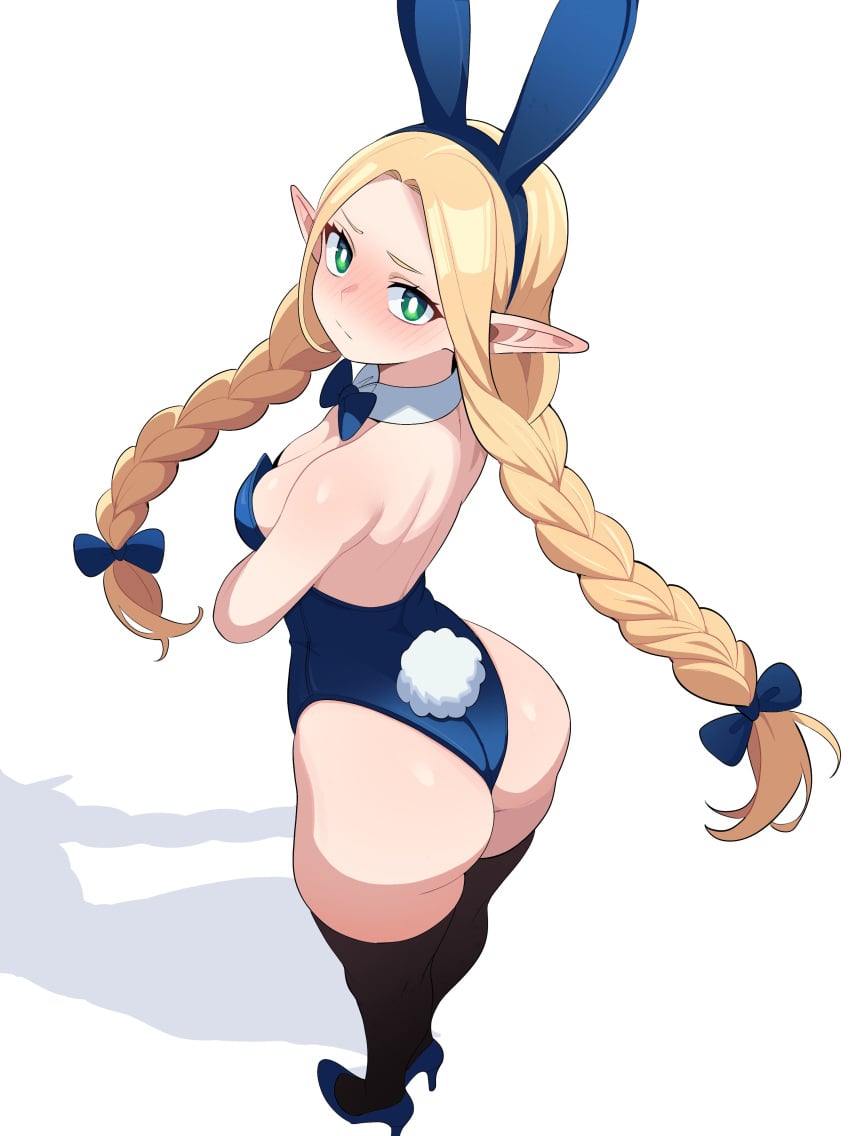 arms_crossed arms_crossed_under_breasts bare_back bare_shoulders bare_thighs blonde_hair blue_bow blue_bunny_ears blue_bunnysuit blue_heels blue_leotard blush blush_lines blushing blushing_at_viewer bowtie bubble_ass bubble_butt bunny_costume bunny_ears bunny_girl bunny_tail bunnysuit clothed clothed_female clothes clothing dungeon_meshi elf fake_animal_ears fake_animal_tail fake_bunny_ears fake_bunny_tail fake_rabbit_ears fake_rabbit_tail female green_eyes green_iris heels high_heels light-skinned light-skinned_female light_skin looking_back maidcousin marcille_donato pointy_ears rabbit_costume small_breasts thick_ass thick_thighs thighhighs turning_head twin_braids white_background white_pupils white_skin white_skinned_female