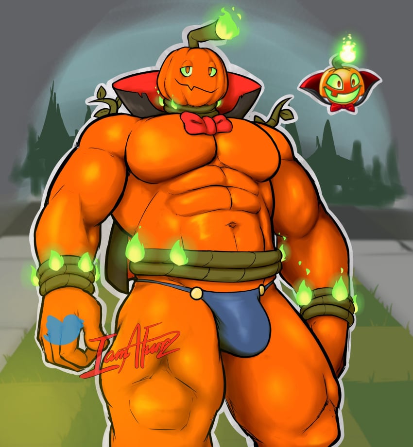 1boy abs artist_name bara bulge fire furrz gay humanoid jack_o'_lantern_(pvz) looking_at_viewer male male_only muscular muscular_male navel orange_body orange_eyes pecs plant plant_boy plants_vs_zombies plants_vs_zombies_2:_it's_about_time pumpkin solo solo_male underwear vampire_costume vines