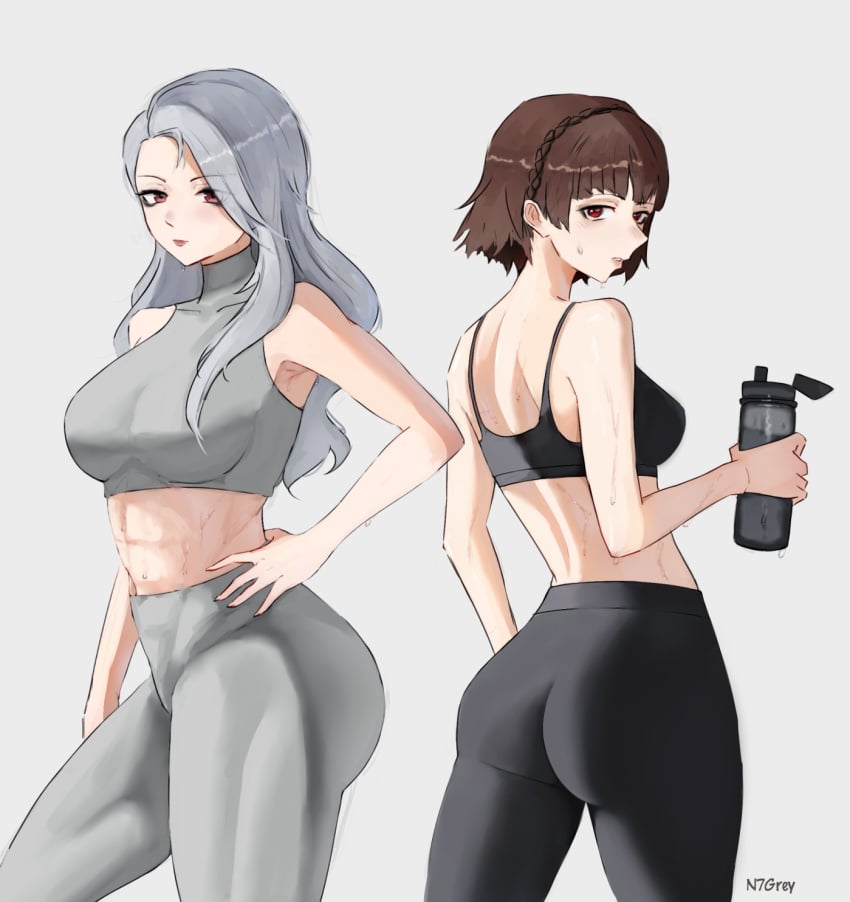 2girls ass atlus breasts brown_hair female female_only grey_hair gym_uniform looking_at_viewer looking_back makoto_niijima n7grey persona persona_5 red_eyes sae_niijima sideboob solo sports_bra sportswear sweat yoga_pants