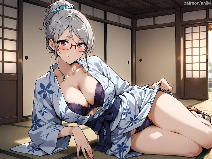 1girls ai_generated anilvl arm_support ayase_seiko bangs blue_kimono blue_sash blue_scrunchie blush bow bra breasts brown_eyes cleavage closed_mouth clothes_lift collarbone dandadan floral_print full_body glasses grey_hair grey_kimono hair_bun hair_ornament hair_scrunchie indoors japanese_clothes kimono kimono_lift lace-trimmed_bra large_breasts lifted_by_self long_sleeves looking_at_viewer lying mature_female obi on_floor on_side open_clothes open_kimono panties print_kimono purple_bra purple_panties red-framed_eyewear sandals sash scrunchie semi-rimless_eyewear shouji sidelocks single_hair_bun sliding_doors smile solo tatami thighs under-rim_eyewear underwear white_kimono wide_sleeves yokozuwari yukata zouri