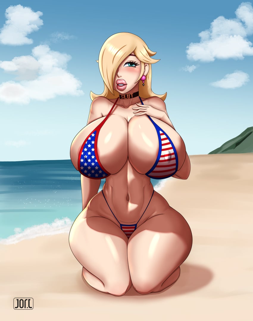 american_flag_bikini beach bimbo bimbofication breasts cleavage female female_only jorl mario_(series) nintendo platinum_blonde_hair princess_rosalina queen_of_spades super_mario_galaxy tagme